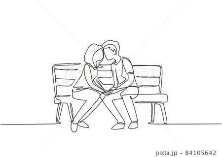 Single one line drawing kissing couple. Young man and woman face to face sitting on park bench and funny kissing. Romantic couple dating in spring. Modern continuous line draw design graphic vector 84105642
