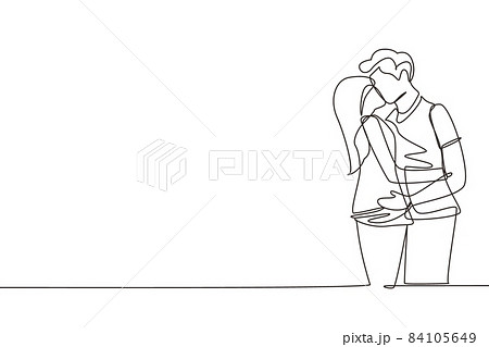 Single one line drawing boy and girl in love and kissing. Couple lovers kissing and hugging. Happy man and woman celebrating wedding anniversary. Continuous line design graphic vector illustration Single one line drawing boy and girl in love and kissing. Couple lovers kissing and hugging. Happy man and woman celebrating wedding anniversary. Continuous line design graphic vector illustration 84105649