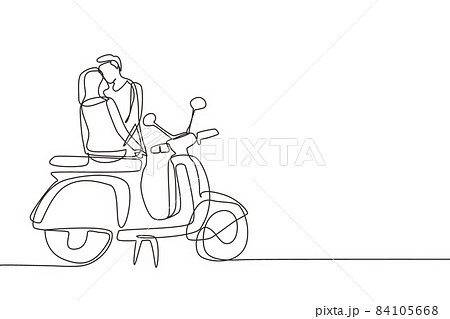 Single continuous line drawing couple on date outdoors, girlfriend and boyfriend with motorcycle, amorous relationship. Romantic road trip, journey. One line draw graphic design vector illustration 84105668