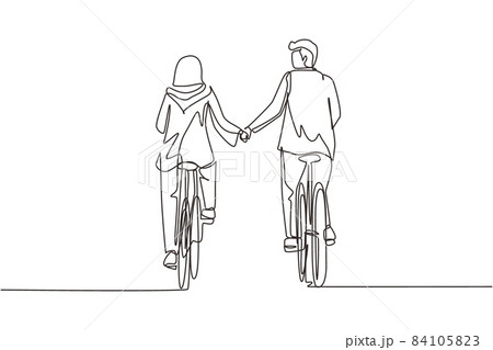 Continuous one line drawing happy Arabian couple ride bicycles in meadow back to camera and holding hands. Man and woman in love. Happy romantic married couple. Single line draw design vector graphic 84105823
