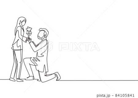 Continuous one line drawing Arab man on knee gives flowers to woman. Young guy giving to girl rose flower for propose her. Romantic couple in love. Single line draw design vector graphic illustration 84105841
