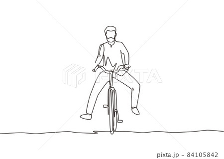 Single continuous line drawing happy Arabian man in casual clothes riding bicycle. Healthy and sport lifestyle. Ecological vehicle of transportation. One line draw graphic design vector illustration Single continuous line drawing happy Arabian man in casual clothes riding bicycle. Healthy and sport lifestyle. Ecological vehicle of transportation. One line draw graphic design vector illustration 84105842