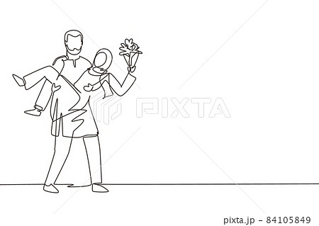 Single one line drawing Arabian man carrying and embracing woman