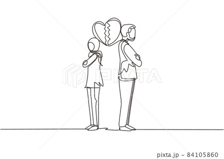 Single continuous line drawing divorced Arabian couple or couples are angry. Relationship break up, broken heart, couple facing opposite direction. One line draw graphic design vector illustration Single continuous line drawing divorced Arabian couple or couples are angry. Relationship break up, broken heart, couple facing opposite direction. One line draw graphic design vector illustration 84105860