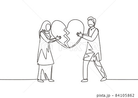 Single one line drawing heartbroken Arabic couple parting, divorce. Sad young man and woman trying to put together parts of broken heart. Modern continuous line draw design graphic vector illustration 84105862