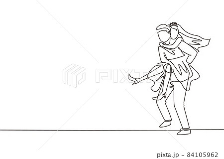 Continuous one line drawing husband carry his wife on his back. Romantic couple with wedding dress. Relationship concept in supporting and helping in any situation. Single line draw design vector Continuous one line drawing husband carry his wife on his back. Romantic couple with wedding dress. Relationship concept in supporting and helping in any situation. Single line draw design vector 84105962