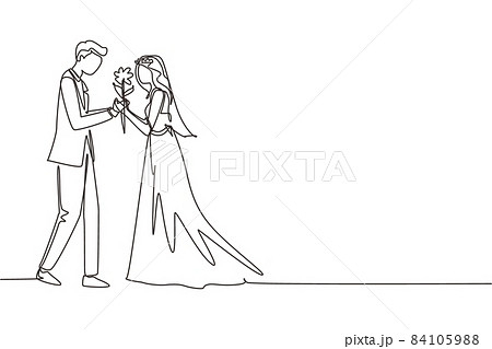 Continuous one line drawing adorable married couple in love on romantic date. Smiling boy giving rose flower to girl. Young man and woman wearing wedding dress. Single line draw design vector graphic Continuous one line drawing adorable married couple in love on romantic date. Smiling boy giving rose flower to girl. Young man and woman wearing wedding dress. Single line draw design vector graphic 84105988