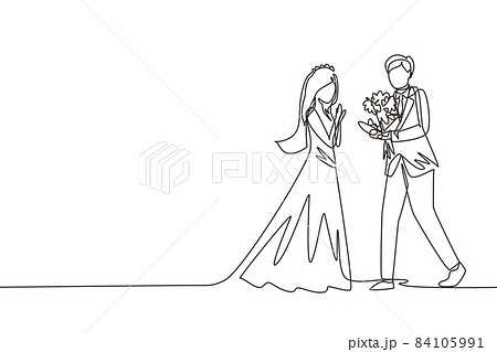 Single one line drawing man making proposal marriage to woman with bouquet. Boy surprises his girl wearing wedding dress and giving flowers. Love relation. Continuous line draw design graphic vector Single one line drawing man making proposal marriage to woman with bouquet. Boy surprises his girl wearing wedding dress and giving flowers. Love relation. Continuous line draw design graphic vector 84105991