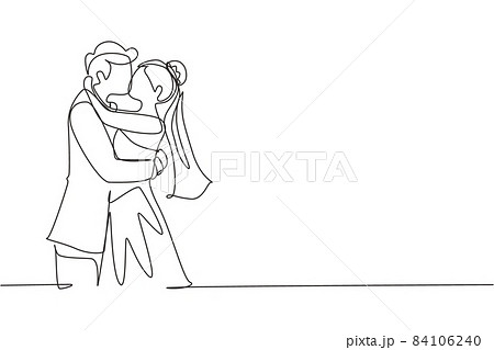 Continuous one line drawing romantic married female in love kissing on lap  male wearing wedding dress. Man carrying a woman in wedding celebration.  Single line draw design vector graphic illustration 8721494 Vector