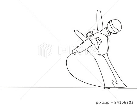 Single continuous line drawing rock hand gesture holding microphone with live rock caption. Rock and roll music live concert or party poster or flyer concept. One line draw graphic design vector 84106303