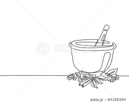 Single continuous line drawing mortar and pestle vintage line drawing. Ayurvedic medicine bowl. Herbal medicine concept. Isolated. Flat style. Dynamic one line draw graphic design vector illustration 84106304