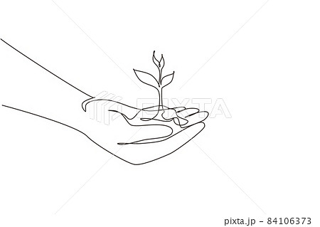 Continuous one line drawing close up image of human hands holding sprout. Hand holding tree on nature field grass forest conservation concept. Single line draw design vector graphic illustration 84106373