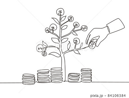 Single continuous line drawing businessman hand pick up coin from growing money tree. Background concept for return money saving and investment. One line draw graphic design vector illustration 84106384