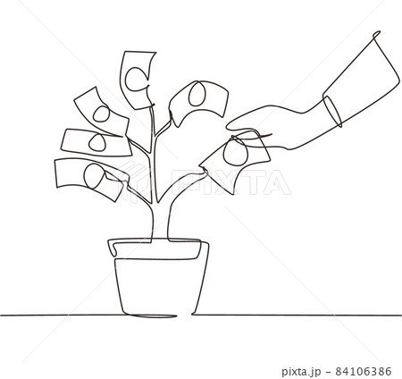 Single continuous line drawing hand pick up dollar banknote from money tree. Hand of businessman who pours money tree. Concept of earnings, success in work, money. Dynamic one line draw graphic design 84106386