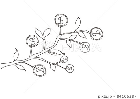 Continuous one line drawing dollar symbol hanging from tree branch. Money tree. Green cash banknotes with golden coins. Concept for return money investment. Single line draw design vector illustration 84106387