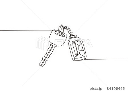 Continuous one line drawing realistic car keys black color isolated on white background. Set of electronic car key front and back view and alarm system. Single line design vector graphic illustration Continuous one line drawing realistic car keys black color isolated on white background. Set of electronic car key front and back view and alarm system. Single line design vector graphic illustration 84106446