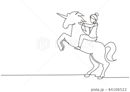 Single one line drawing businesswoman riding unicorn symbol of success. Business startup concept, looking at the goal, achievement, leadership. Continuous line draw design graphic vector illustration Single one line drawing businesswoman riding unicorn symbol of success. Business startup concept, looking at the goal, achievement, leadership. Continuous line draw design graphic vector illustration 84106522