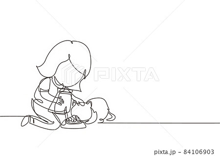 Continuous one line drawing cute smiling little girl feeding her cat at home, adorable kid caring for animal. Kids doing housework chores at home. Single line draw design vector graphic illustration 84106903