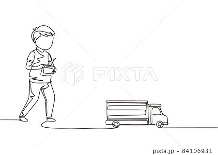 Single continuous line drawing boy playing with remote-controlled cargo truck toy. Cute kids playing with electronic toy cargo truck with remote control in hands. One line draw graphic design vector 84106931