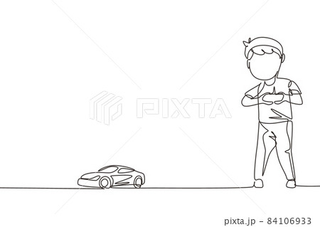 Single continuous line drawing little boy playing with remote-controlled car. Cute kids playing with electronic toy car with remote control in hands. One line draw graphic design vector illustration 84106933