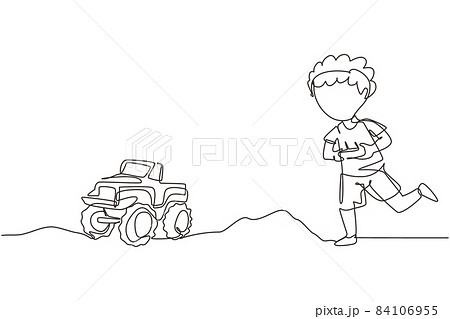 Single one line drawing boy playing with remote-controlled monster truck toy. Kids playing with electronic toy truck with remote control in hands. Continuous line design graphic vector illustration 84106955