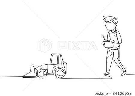 Single one line drawing boy playing with remote-controlled bulldozer toy. Kids playing with electronic toy bulldozer with remote control in hands. Continuous line design graphic vector illustration Single one line drawing boy playing with remote-controlled bulldozer toy. Kids playing with electronic toy bulldozer with remote control in hands. Continuous line design graphic vector illustration 84106958