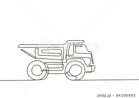 Single one line drawing dump truck toy. Heavy automobile for children's play. Auto in flat design. Kids toy dump truck transportation. Modern continuous line draw design graphic vector illustration Single one line drawing dump truck toy. Heavy automobile for children's play. Auto in flat design. Kids toy dump truck transportation. Modern continuous line draw design graphic vector illustration 84106993