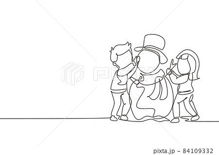 Single one line drawing happy children make snowman together. Snowy forest, little boys and girls in warm clothes, New Year's snowman. Modern continuous line draw design graphic vector illustration Single one line drawing happy children make snowman together. Snowy forest, little boys and girls in warm clothes, New Year's snowman. Modern continuous line draw design graphic vector illustration 84109332