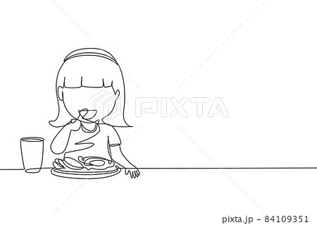 Continuous one line drawing girl eating healthy morning breakfast food. Happy child eat delicious food with milk at home. School girl enjoying dish. Single line draw design vector graphic illustration 84109351