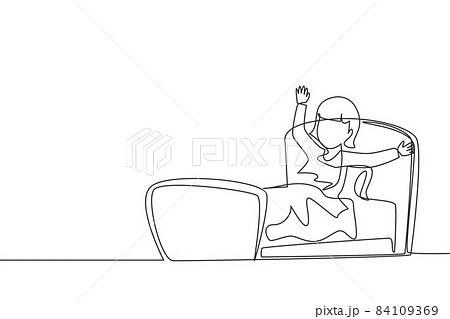 Continuous one line drawing little girl wake up and still yawning, still lying in bed under blanket. Sleepy child on bed in late weekend morning. Single line draw design vector graphic illustration 84109369