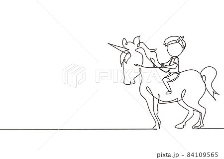 Continuous one line drawing happy cute boy riding cute unicorn. Child sitting on back unicorn in fairy tale dream. Kids learning to ride unicorn. Single line draw design vector graphic illustration 84109565