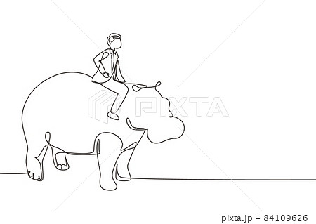 Single continuous line drawing businessman riding hippopotamus symbol of success. Business metaphor concept, looking at goal, achievement, leadership. One line draw graphic design vector illustration 84109626
