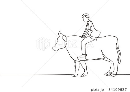 Continuous one line drawing businessman riding cow symbol of success. Business metaphor concept, looking at the goal, achievement, leadership. Single line draw design vector graphic illustration 84109627