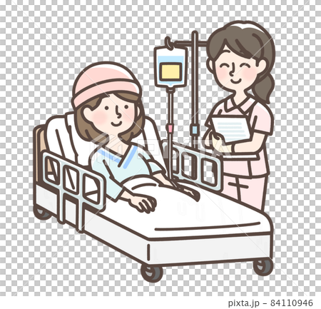 点滴を受けている女性と看護師 点滴を受けている女性と看護師 84110946