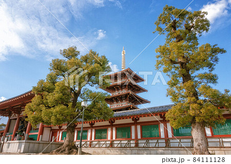 大阪 四天王寺の中門 仁王門 と五重塔が見える境内風景の写真素材