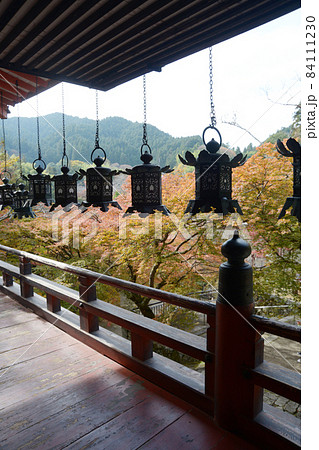 秋の談山神社　拝殿の釣り灯篭と紅葉　奈良県桜井市多武峰 84111230