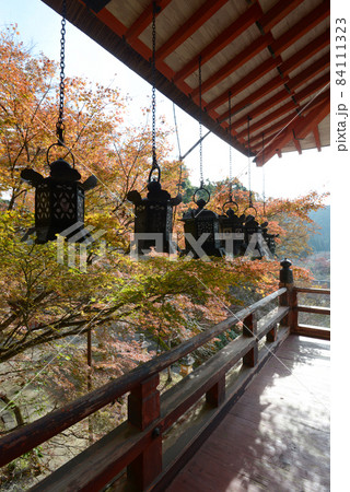 秋の談山神社　拝殿の釣り灯篭と紅葉　奈良県桜井市多武峰 84111323