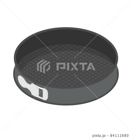 Round baking pan. Kitchen utensil, isolated on white background. Metal baking dish for desserts. 84111680