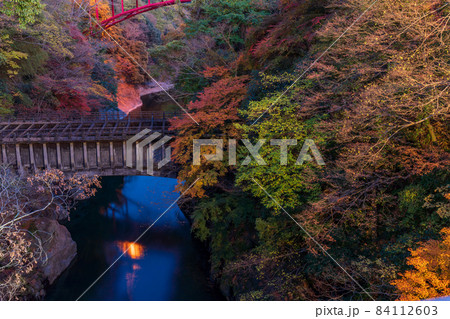 (山梨県)日本三奇橋 紅葉期の猿橋 ライトアップ (山梨県)日本三奇橋 紅葉期の猿橋 ライトアップ 84112603