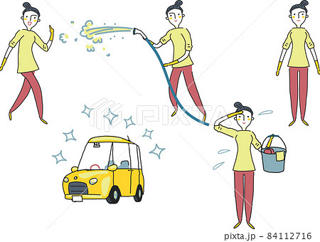 車を洗車する女性 セット イラスト素材 車を洗車する女性 セット イラスト素材 84112716