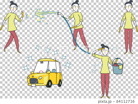 車を洗車する女性 セット イラスト素材 車を洗車する女性 セット イラスト素材 84112716