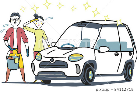 洗車して達成感を味わうカップル イラスト素材 洗車して達成感を味わうカップル イラスト素材 84112719