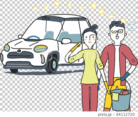 洗車して達成感を味わうカップル イラスト素材 洗車して達成感を味わうカップル イラスト素材 84112720