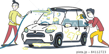ホースで水をかけ洗車するカップル イラスト素材 ホースで水をかけ洗車するカップル イラスト素材 84112723