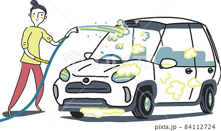 ホースで水をかけ洗車する女性 イラスト素材のイラスト素材