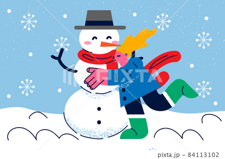 Happy little girl make snowman outdoor Happy little girl make snowman outdoor 84113102