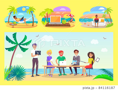 Freelancers Work at Office Table on Tropical Beach 84116187