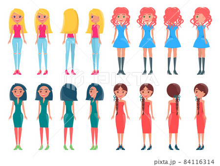 Set Animated Young Girl Casual and Elegant Outfits 84116314