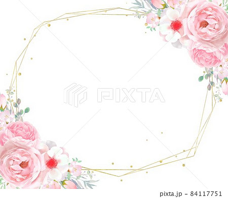 可憐なピンク系のバラの花とリーフのゴールド横むきフレームベクターイラスト素材のイラスト素材