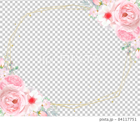 Pretty pink rose flower and leaf gold side frame vector illustration material 84117751